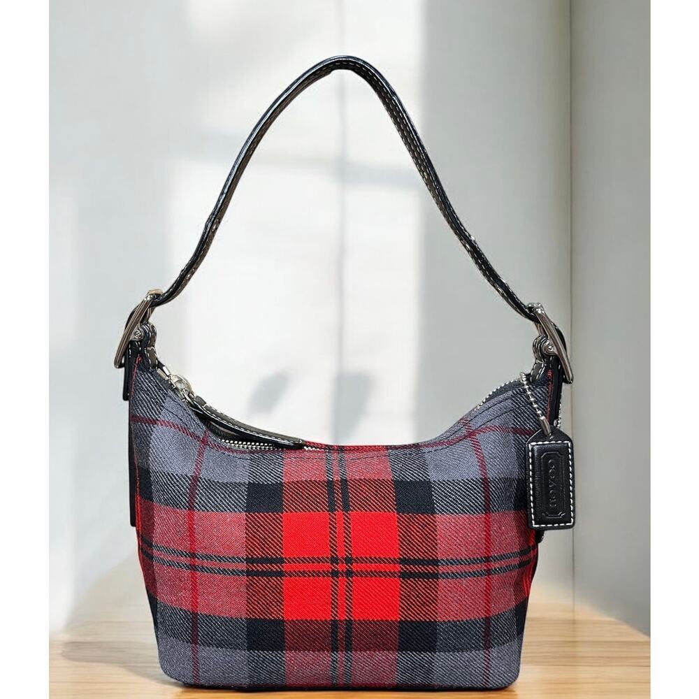 Coach Red and Black Wool Plaid Mini Shoulder Bag